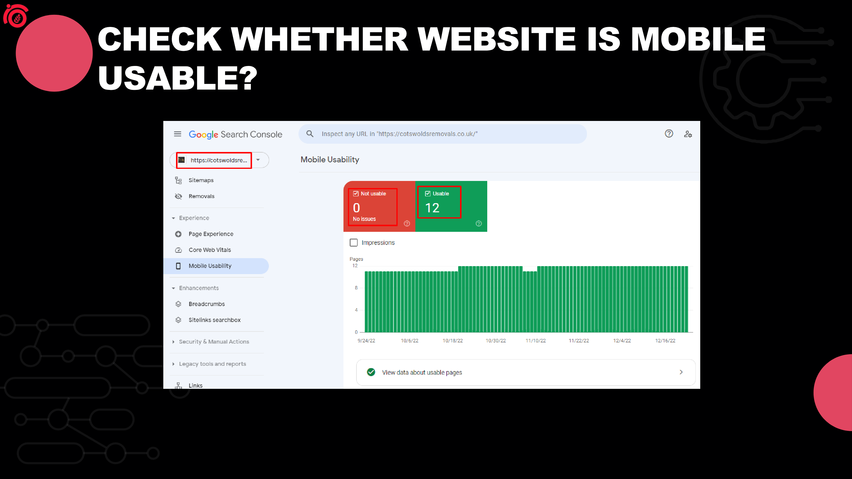 GSC Mobile Usability: 12 usable pages, 0 issues.